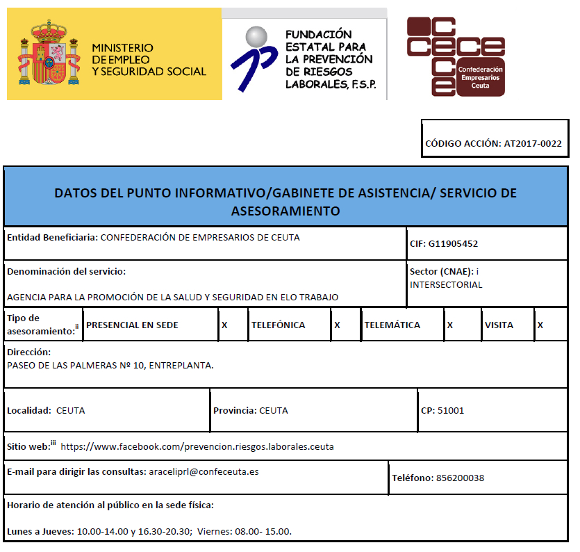 Descripción de la imagen: Ceuta. DATOS DEL PUNTO INFORMATIVO/GABINETE DE ASISTENCIA/ SERVICIO DE ASESORAMIENTO